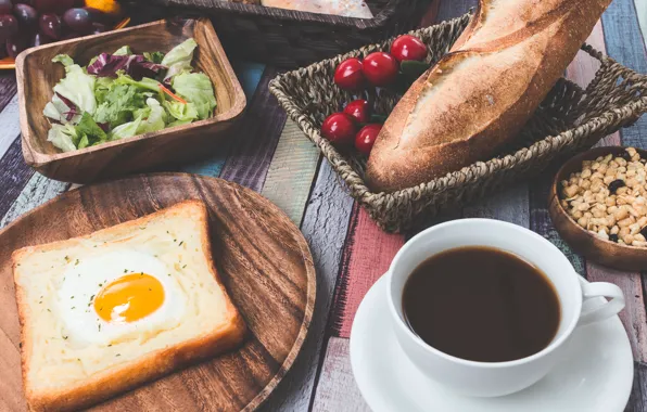 Picture cherry, coffee, Breakfast, bread, scrambled eggs, salad, buns, toast