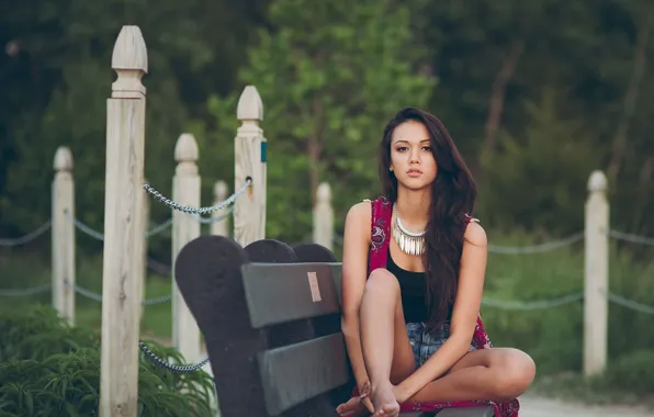 Picture summer, girl, bench, pose, sitting