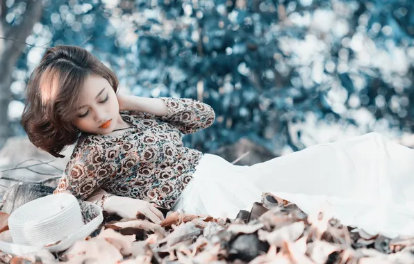 Leaves, girl, hat