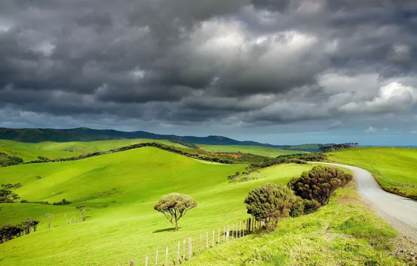 Road, trees, landscape, mountains, clouds, valley, space, storm