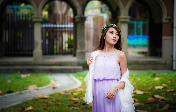 Girl, pose, sweetheart, dress, brown hair, Asian, wreath, cutie