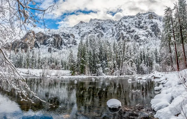 Picture winter, trees, landscape, mountains, river