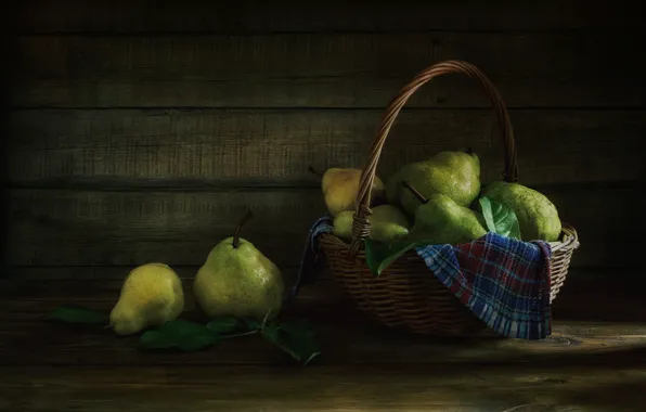 The dark background, Board, towel, still life, basket, pear