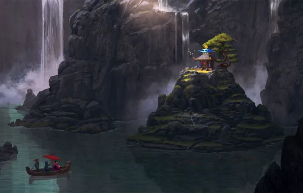 Mountains, Figure, Rocks, Lake, Boat, China, Fantasy, Art