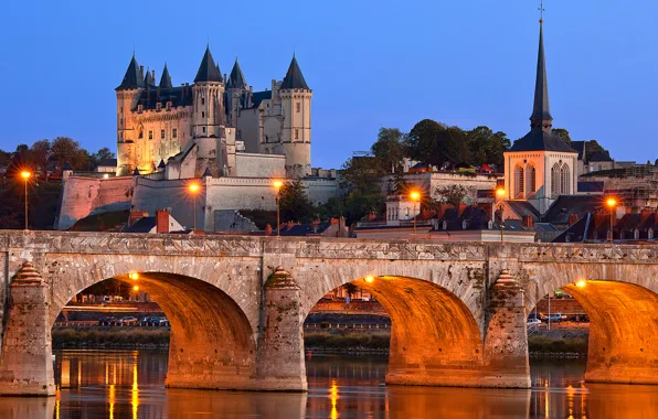 The sky, bridge, lights, river, castle, home, the evening, hill