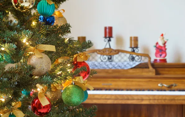 Balls, balls, Christmas, New year, tree, piano, Christmas decorations