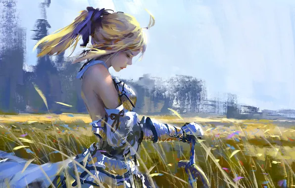 Girl, sword, fantasy, armor, field, art, painting, blond