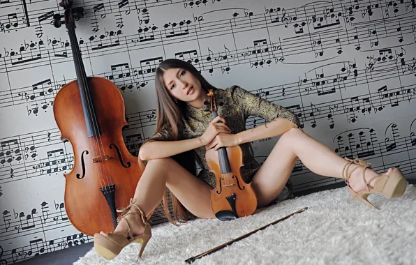 SHOES, LOOK, MUSIC, FEET, BROWN hair, NOTES, STRINGS, VIOLIN