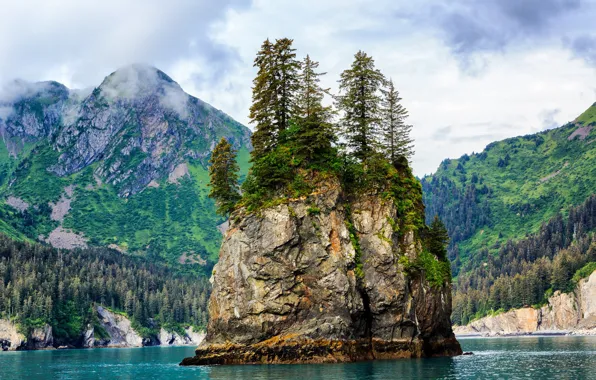 Forest, the sky, water, clouds, mountains, rock, lake, island