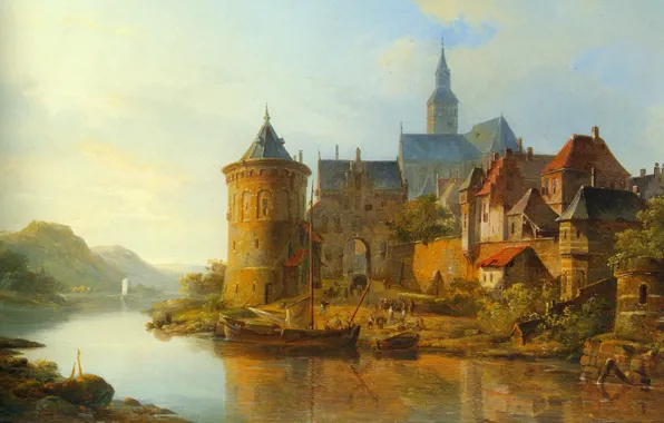 Picture picture, painting, painting, 1841, Cornelis Springer, A View of a Town along the Rhine