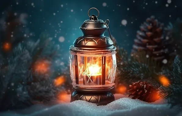 Winter, snow, decoration, night, New Year, Christmas, lantern, light