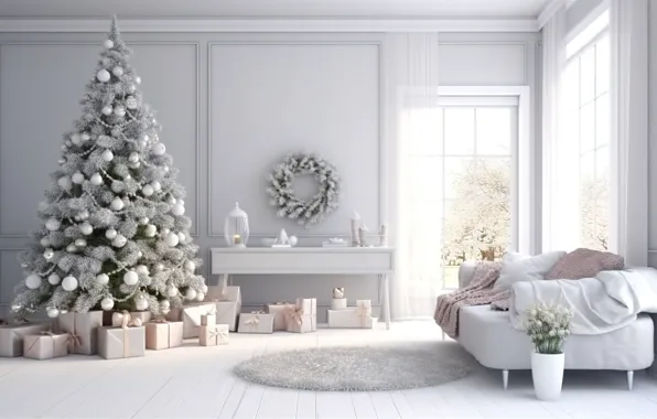 Winter, decoration, room, balls, tree, interior, New Year, Christmas