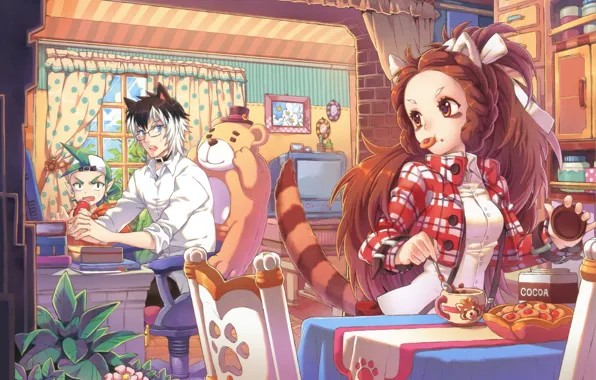 Table, chair, cookies, TV, family, window, kitchen, curtains