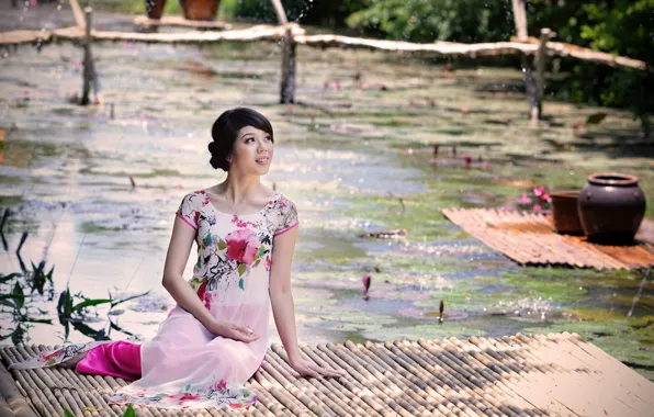 Flowers, pose, pond, bamboo, brunette, Asian, pots