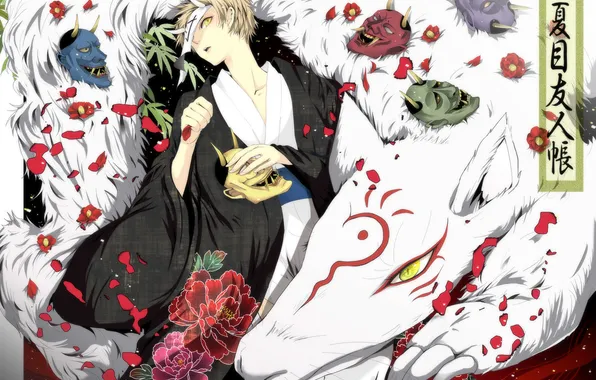 Flowers, anime, petals, the demon, art, face, horns, guy