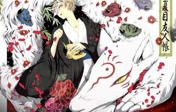 Flowers, face, anime, petals, the demon, art, horns, guy