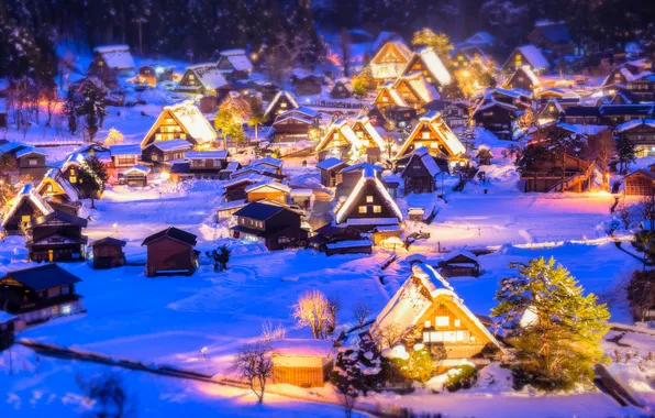 Winter, snow, night, lights, home, Japan, valley, the island of Honshu