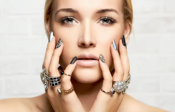 Picture look, girl, face, hands, ring, manicure