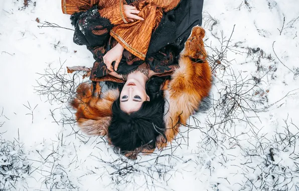 Winter, girl, snow, branches, style, makeup, dress, brunette