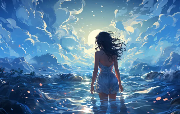Water, Clouds, Girl, Dawn, Digital art, Back, AI art, The Art of Artificial Intelligence