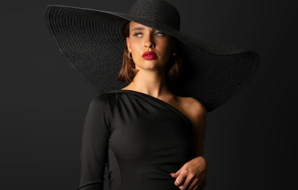 Black background, Dress, Hat, Eva, Red lips