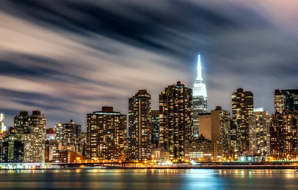 The sky, clouds, night, the city, lights, shore, building, tower