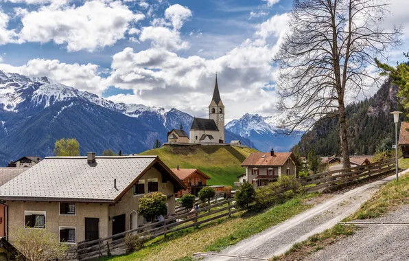 Clouds, Home, Mountains, Switzerland, Church, Alps, Schmitten Roads