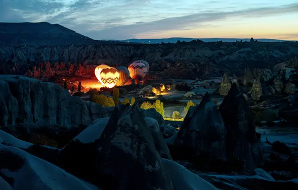 Clouds, The evening, Rocks, Horizon, Balloons, Turkey, Turkey, Cappadocia