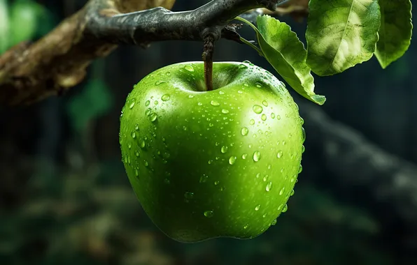 Leaves, drops, Apple, branch, green, hanging, bokeh, AI art