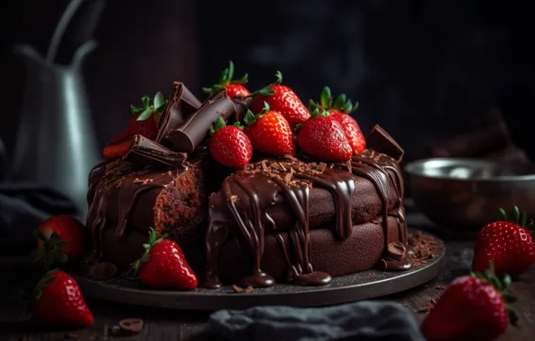 Picture berries, the dark background, strawberry, cake, dessert, chocolate, AI art, neural network