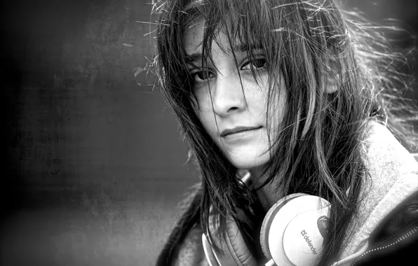 Girl, headphones, street walk, in music