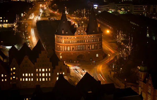 Picture night, lights, tower, home, gate, Germany, Lubeck