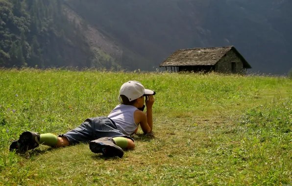 Field, grass, nature, children, mood, boy, cap