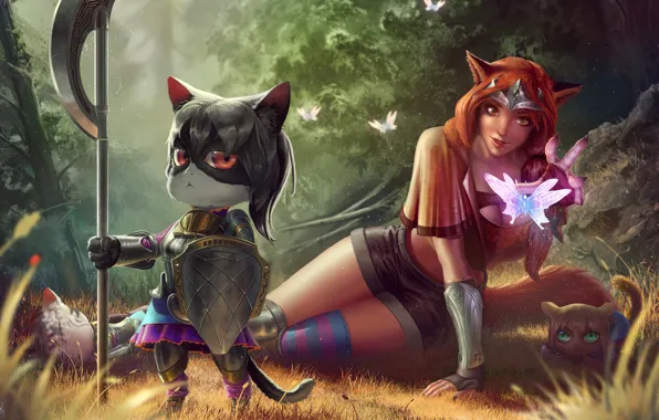Picture forest, cat, butterfly, art, shield, ears, Princess, defender