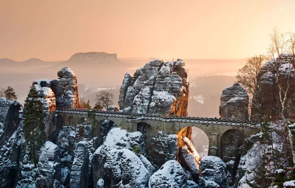 Bridge, rocks, Germany, Saxony, The Bastion Bridge