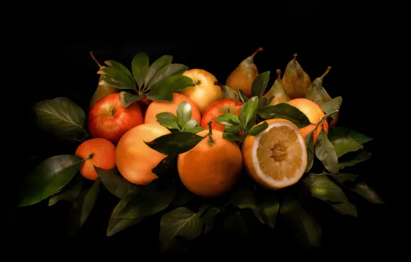 Leaves, Apple, orange, still life, citrus, pear