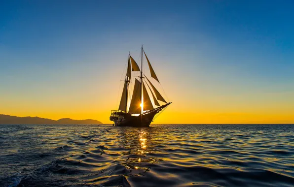 Sea, the sun, shore, ship, sailboat, morning