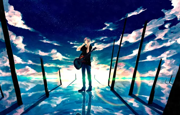The sky, water, the sun, clouds, reflection, guitar, anime, headphones