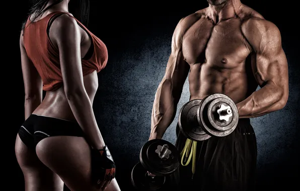 Female, fitness, gym, male, dumbbells, bodybuilders