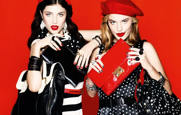Brunette, blonde, red background, Camille Rowe &amp; Anna Christine, bright makeup