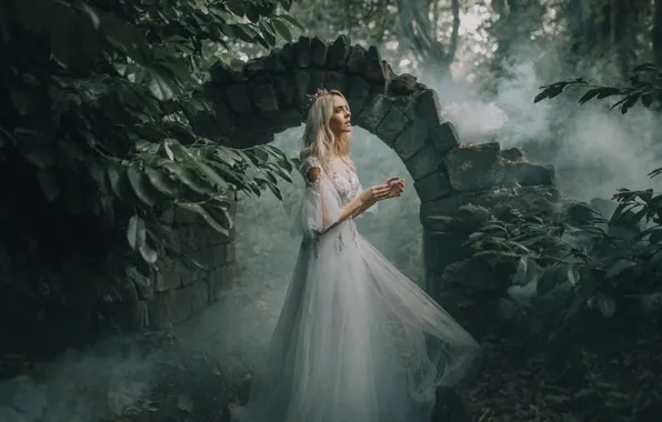 Forest, girl, fog, Park, stones, dress, masonry, blonde
