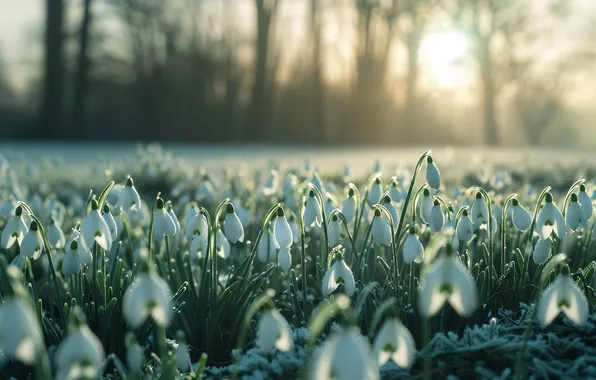 Field, forest, rays, light, trees, flowers, branches, fog