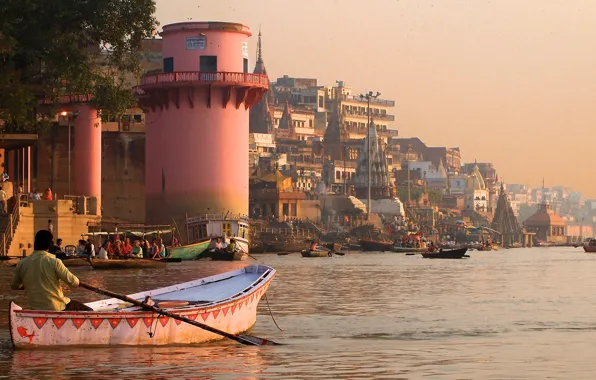 The city, river, building, home, boats, India, Varanasi