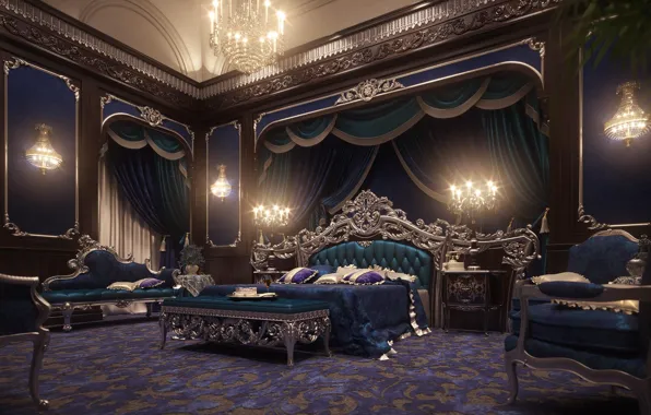 Bed, interior, pillow, chairs, chandelier, luxury, bedroom