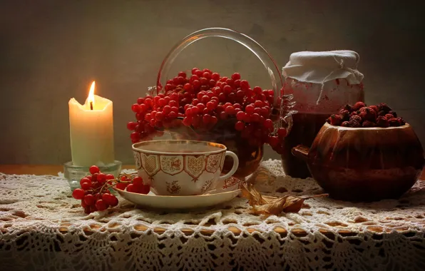 Sheet, berries, table, candle, fruit, briar, Cup, Bank