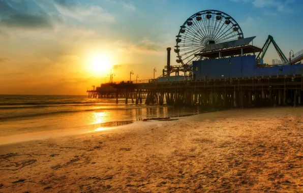 Picture beach, sunset, wheel, pier, Ferris, Los Angeles, Santa Monica