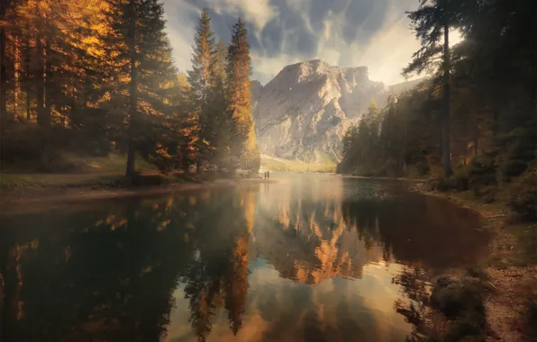 Picture water, trees, lake, people, rocks, Nature, Michaluk Sergey