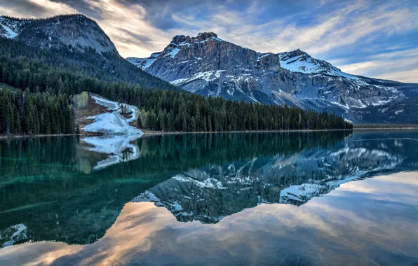 Forest, the sky, clouds, mountains, lake, reflection, blue, rocks