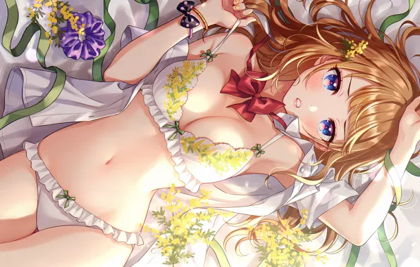 Picture Blonde Hair, Pantsu, lingerie, flowers, open shirt, anime, panties, panty