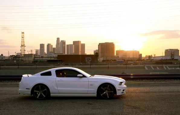 White, sunset, the city, mustang, Mustang, profile, white, ford